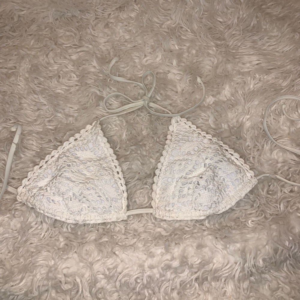 White crochet triangle bikini swim top